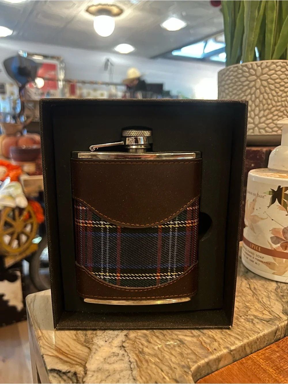 Brown Leather Plaid Hip Flask - Classic Stainless Steel